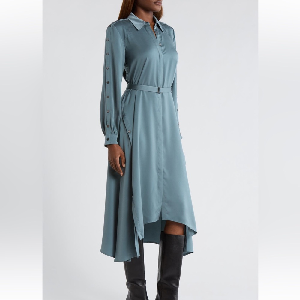 All Saints Teal High-Low Button Sleeve Dress - Picture 3 of 6